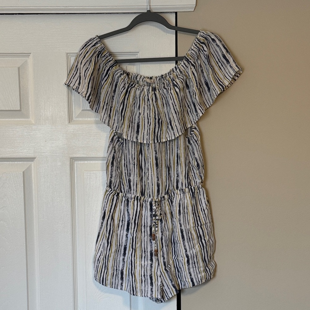 Le Lis Striped Off-Shoulder Romper in Navy, White & Yellow